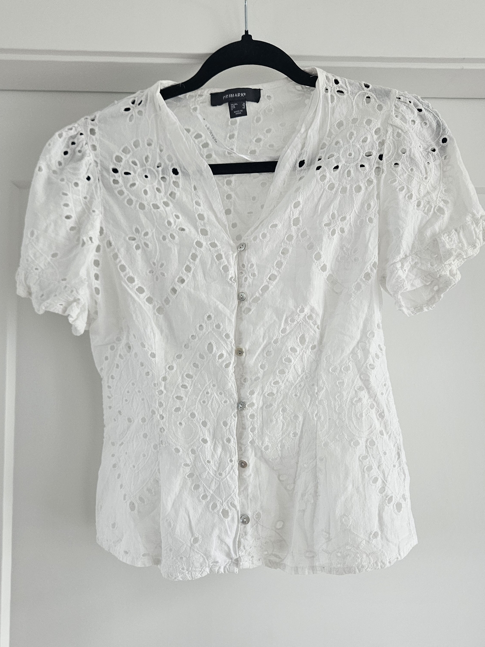 Primark White Eyelet Button-Up Puff Sleeve Blouse